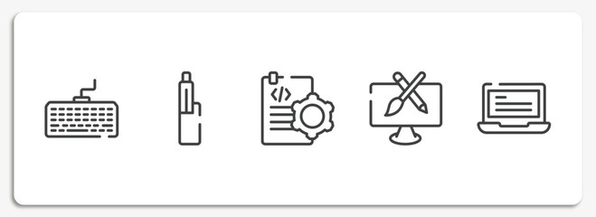 Poster - responsive web outline icons set. thin line icons sheet included intosh keyboard, electronic cigarette, document tings, pencil and brush crossed, laptop with text vector.