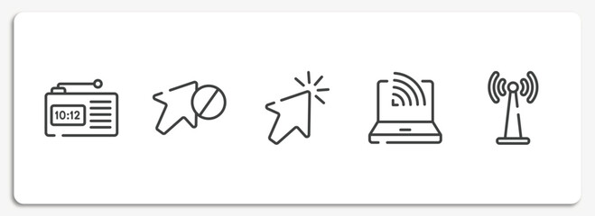 Poster - material devices outline icons set. thin line icons sheet included radio alarm, forbidden, clicking cursor, wireless conection, wireless band vector.