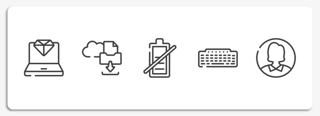 Poster - computer and media outline icons set. thin line icons sheet included laptop with diamond, archives files download, battery uncharged, black keyboard, user inside circle vector.