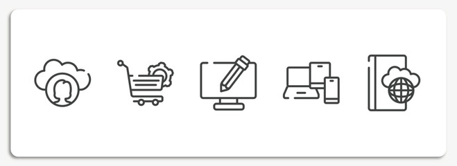 Poster - cloud computing outline icons set. thin line icons sheet included cloud computing user, shopping cart tings, screen with pencil, phone tablet and laptop, book on internet cloud vector.