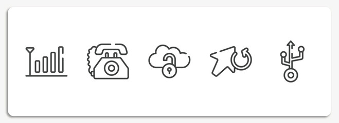 Poster - material devices outline icons set. thin line icons sheet included coverage level, old telephone, unlocked internet, update arrow, usb vector.