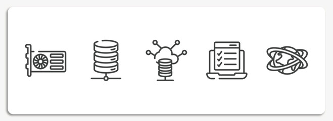 Poster - media technology outline icons set. thin line icons sheet included gpu, network server, server control, online test, networld vector.