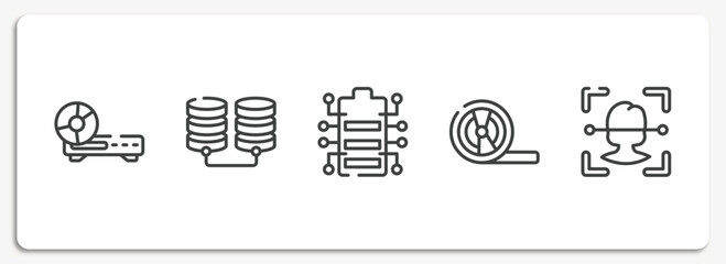 Poster - computer technology outline icons set. thin line icons sheet included woofers, database storage, battery status, magnetic tape, face recognition vector.