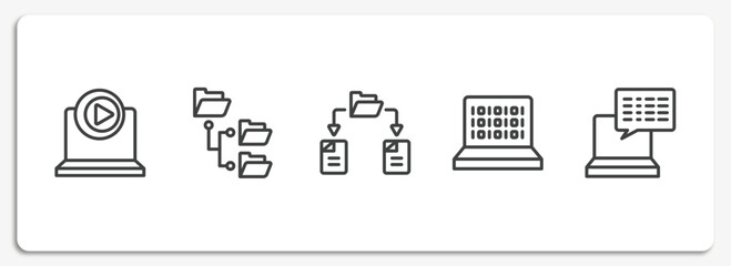 Poster - computer and files outline icons set. thin line icons sheet included multimedia player, directory, file sharing, binary code, subtitles vector.