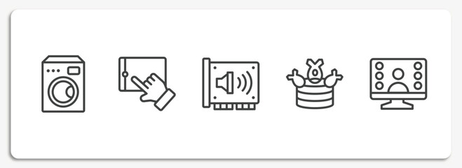 Poster - cyber crimes outline icons set. thin line icons sheet included electric appliances, touchscreen, sound card, ddos, null vector.