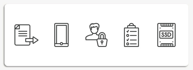 Poster - hardware outline icons set. thin line icons sheet included export file, mobile phones, authentication, data list, ssd vector.