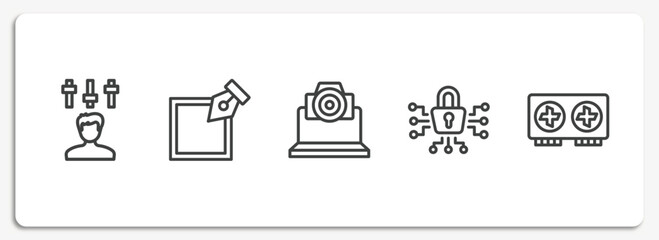 Poster - hardware outline icons set. thin line icons sheet included producer, edit tool, cam, cyber security, graphics card vector.