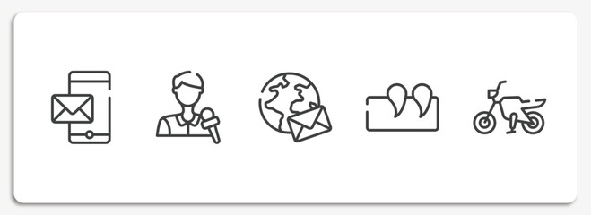 Poster - internet of things outline icons set. thin line icons sheet included mobile with envelope, journalists, around the globe, punctuation mark, motorbike vector.