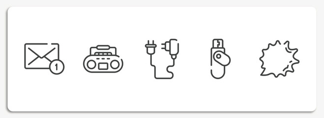 Poster - chat outline icons set. thin line icons sheet included new message, tape player, phone charger, flash disk, shout vector.