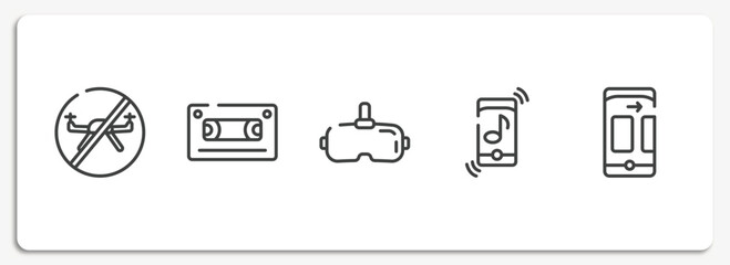 Poster - mobile functions outline icons set. thin line icons sheet included no drone zone, audio tape, virtual reality glasses, ringtone, themes vector.