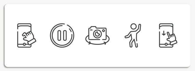 Poster - mobile functions outline icons set. thin line icons sheet included pinch, pause button, rotate camera, enjoy, swipe down vector.