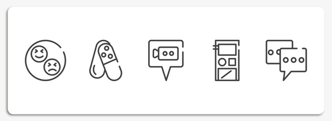 Canvas Print - dialogue assets outline icons set. thin line icons sheet included reaction, tablets, video call, audio recorder, chat box vector.