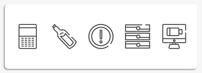 Poster - communication outline icons set. thin line icons sheet included keypad, message in a bottle, caution triangle, servers, videocall vector.