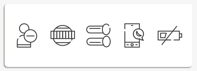 mobile interface outline icons set. thin line icons sheet included delete friend, test card, pipes, night mode, low battery vector.