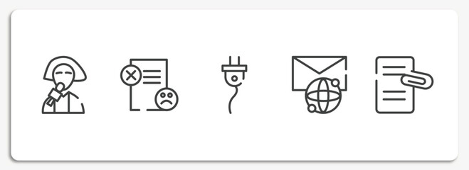 Poster - email outline icons set. thin line icons sheet included reporter, dissatisfaction, cord, international mail, attached file vector.