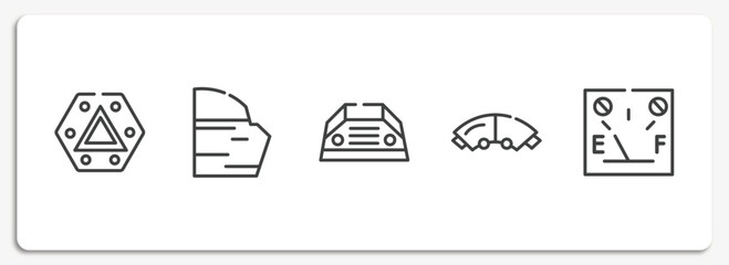 Wall Mural - car parts outline icons set. thin line icons sheet included car hazard lights, car trim, parcel shelf, brake pad, petrol gauge vector.