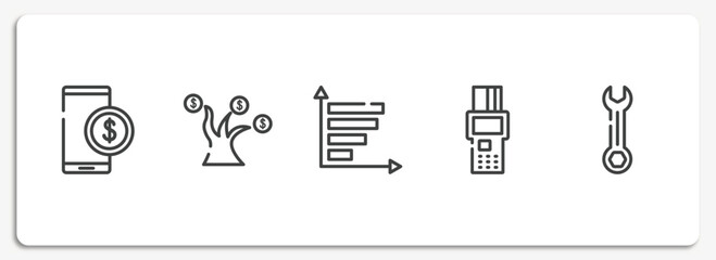 Poster - strategy and management outline icons set. thin line icons sheet included stock price, money tree, bar graph, point of service, wrenches vector.
