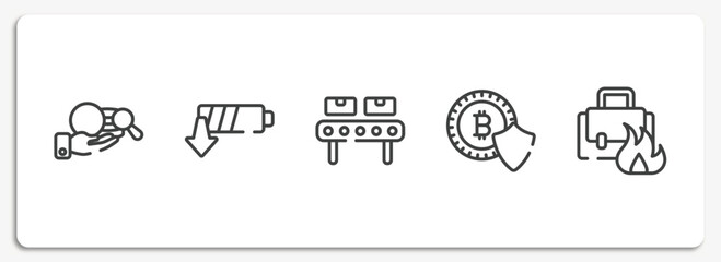 Poster - jobless outline icons set. thin line icons sheet included corruption, low energy, manufacture, cryptocurrency, burning vector.
