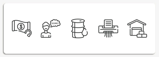 business outline icons set. thin line icons sheet included refund, apology, oil barrel, paper shredder, wholesaler vector.