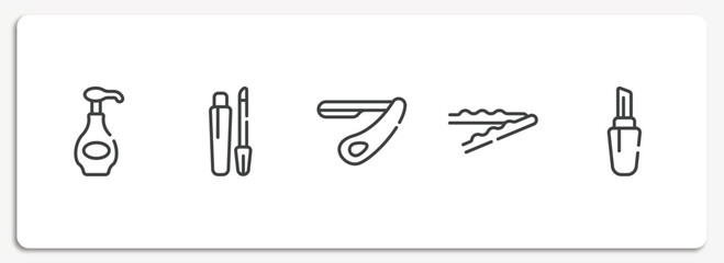 Wall Mural - pretty outline icons set. thin line icons sheet included body lotion, gloss, straight razor, bobby pins, lipstick with cover vector.