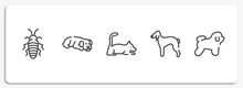 Dog Breeds Fullbody Outline Icons Set. Thin Line Icons Sheet Included Madagascan, Dog Sleeping, Laying Cat, Bedlington Terrier, Bichon Frise Vector.