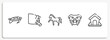 woof woof outline icons set. thin line icons sheet included swimming turtle, hog head, horse with leg up, angry bulldog face, dog kennel vector.