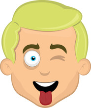 Vector Illustration Face Man Cartoon Blonde Blue Eyes, Winking And Tongue Out