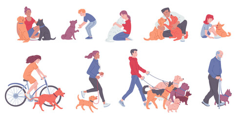 Wall Mural - Diverse people hugging dogs and walking thor pets, set of flat vector illustrations isolated on white background.