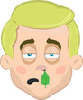 vector illustration face of a blond man cartoon and blue eyes, cold with a mucus falling from his nose