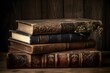 A stack of antique books with leather bindings
