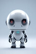 A white robot with red eyes standing on a gray surface. Generative AI.