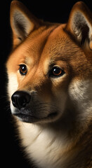 Wall Mural - A close up of a dog's face on a black background. Generative AI. Shiba inu dog portrait.