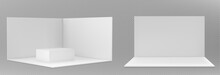 3d Promotional Event Stand Booth White Wall Mockup. Exhibition Room With Floor Design Perspective Front And Side View Isolated Set. Blank Corner Display Showroom With Podium For Kiosk Or Fair Area.