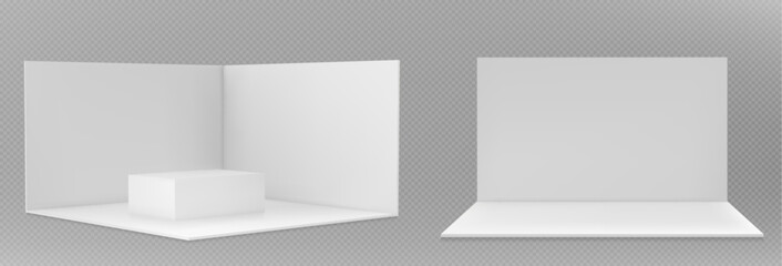 3d promotional event stand booth white wall mockup. Exhibition room with floor design perspective front and side view isolated set. Blank corner display showroom with podium for kiosk or fair area.