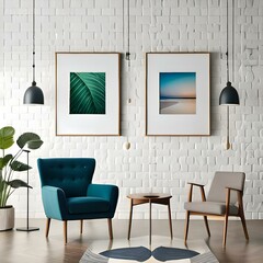 Blank picture frame mockup on white wall. Modern living room design. View of modern Boho style interior with chair, minimalism concept. Two vertical templates for artwork, painting, photo or poster