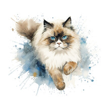 A Watercolor Painting Of A Cat With Blue Eyes. Generative AI.
