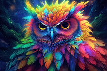 Colorful Rainbow Feathers, Magical Fantasy Owl, Generative AI