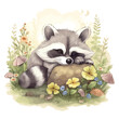 Cute baby raccoon cartoon sleeping in watercolor style