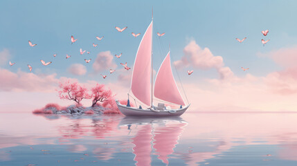 fantasy whimsical pink pastel sailboat at calm sea