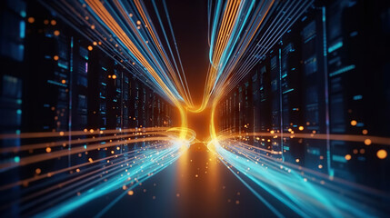 Poster - Modern digital abstract 3D background. Can be used in the description of network abilities, technological processes, digital storages, science, education, etc. Copy space. Based on Generative AI