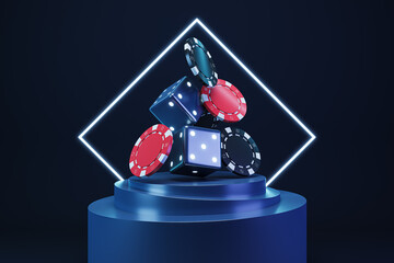 Poster - Casino chips and cubes background. 3D Rendering