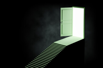 Poster - Psychology, solution and freedom concept with green stairway to bright light in doorway on abstract dark background. 3D rendering