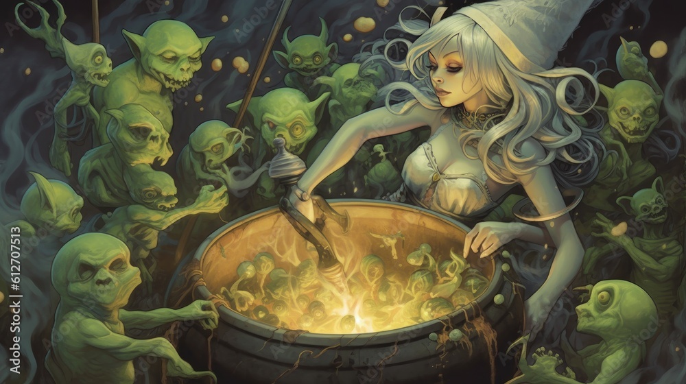 A detailed illustration of a witch stirring a cauldron filled with ...