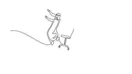 Poster - Animated self drawing of continuous line draw failed small Arab businessman kicked out by big foot. Manager kick away from chair by giant feet. Minimalism metaphor. Full length one line animation