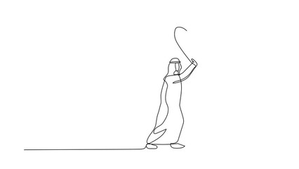 Poster - Animated self drawing of continuous line draw brave Arabian businessman against giant shoes stomping. Manager push against giant foot step. Minimal metaphor concept. Full length single line animation