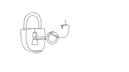 Poster - Animated self drawing of continuous line draw Arab businessman putting big key into padlock. Business security safety protection. Safety, private property protection. Full length single line animation