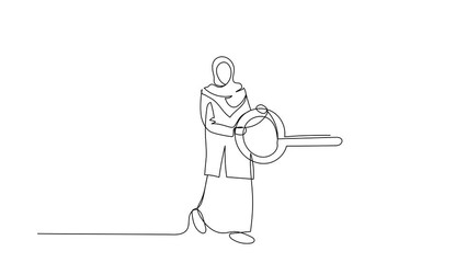Poster - Animated self drawing of continuous one line draw Arab businesswoman put key into padlock. Unlock business success. Successful career achievement. Secret for success. Full length single line animation