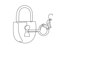 Poster - Animated self drawing of continuous line draw businesswoman putting big key into padlock. Security, safety, private property protection. Secrecy, secure protecting. Full length one line animation