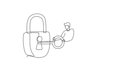 Poster - Animated self drawing of continuous line draw businessman putting big key into padlock. Unlock business success. Successful career achievement. Secret for success. Full length single line animation