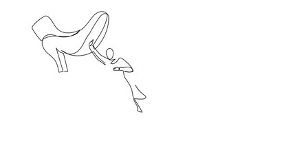Poster - Animated self drawing of continuous line draw Arab businesswoman flying with hero capes against giant shoes stomping. Female manager fly up against giant foot step. Full length single line animation